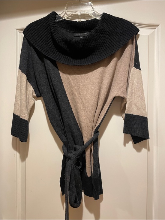 Jones New York Sweaters - Jones New York Black and Taupe Colorblock Cowl-Neck Tie-Waist Sweater